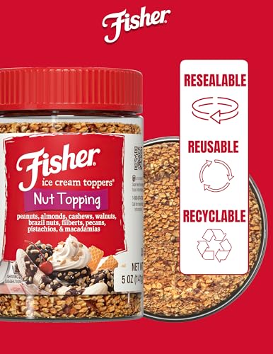 Image of Fisher Mixed Nuts Ice Cream Topping, 5 oz, Peanuts, Almonds, Cashews, Walnuts, Brazil Nuts, Filberts, Pecans, Pistachios & Macadamias, Gluten-Free, No Added Sugars, Ice Cream, Yogurt, Salad Toppings