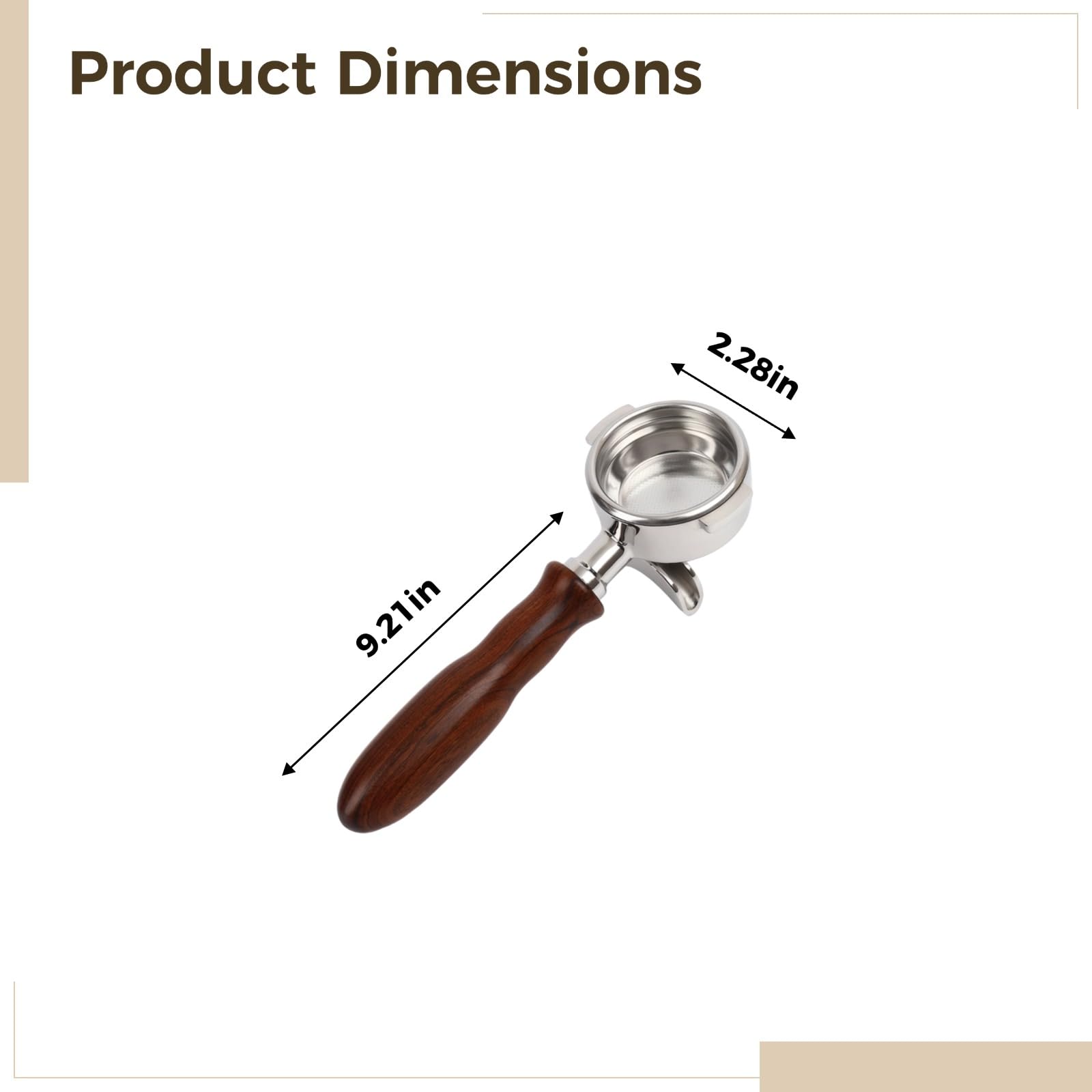 Portafiltro para espresso de 58 mm para E61, doble boquilla, mango de palisandro, 9.2 in / 23,4 cm, acero inoxidable, compatible con cabezal de preparación E61, para barista, cafetería, café expreso
