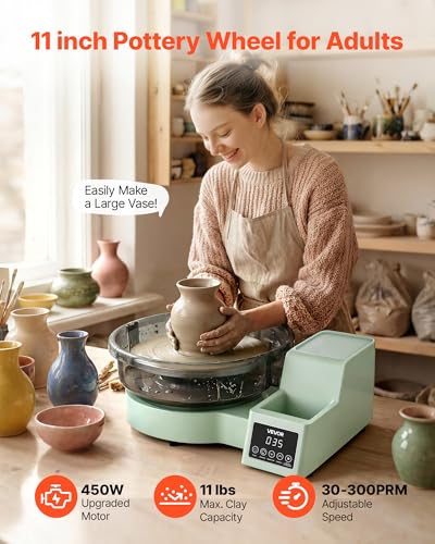 Image of VEVOR Pottery Wheel for Adults, 11 inch Aluminum Turntable, 450W Electric Table Top Pottery Wheel with Foot Pedal, 30-300 RPM Adjustable Speed, Detachable Basin, for Beginners, DIY Clay Art Craft, Green