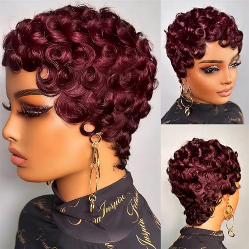 FREEKWEEN Short Pixie Cut Wigs for Black Women Brazilian Curly Pixie Cut Wig Human Hair Burgundy 99J# Short Layered Wigs With Bangs No Glue Human Hair Wig for Daily Use