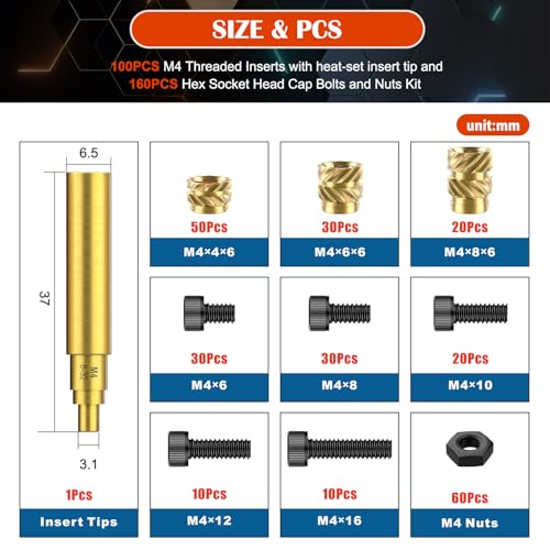 Image of 261Pcs M4 Heat Set Insert with Screws & Insert Tips Brass Threaded Inserts Female Knurled Nuts Assortment Kit for Plastic and 3D Printing Components