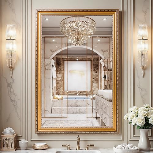 ROLOVE 34x24 Inch Gold Antique Mirror - Ornate Vintage Bathroom Mirror with Wall Mount, Decorative Leaner Mirror for Entryway, Living Room, Fireplace Mantel