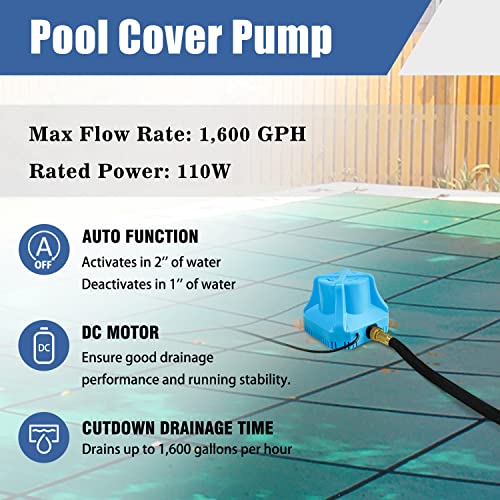 JANZ Automatic Pool Cover Pump Above Ground 1600 GPH Max Flow, 26V DC