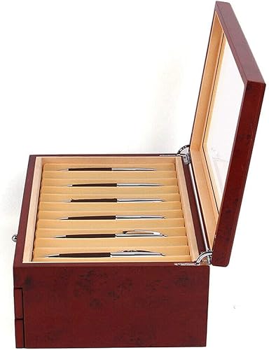 Miniatura 5 de CNCEST Caja de madera para bolígrafos, 3 capas, 34 ranuras, caja de almacenamiento de madera roja, caja organizadora de almacenamiento para cajones,