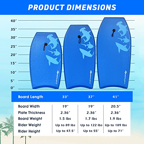 Goplus Boogie Boards For Beach, 33/37/41 Inch Lightweight Body Board W/ Wrist Leash, Superior Buoyancy Eps Core & Hdpe Slick Bottom, Surfboard For Kids Teens Adults Surfing (41 Inch, Blue Shark) #TOP6