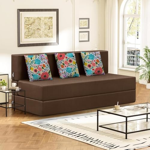 Image of Rosebell 3 Seater Foldable Sofa Cum Bed | 5x6 feet Jute Fabric with Washable Cover & 3 Printed Cushion | Multipurpose Sofa Bed for Living Room - Brown Color
