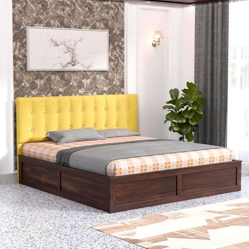 Image of Sheesham Wood Queen Size Bed with Storage Box | Upholstered Beds | Platform Cot with Cushioned Headboard | Double Bed for Home | Recommended Mattress 78x60 Inch | Mustard & Walnut Finish