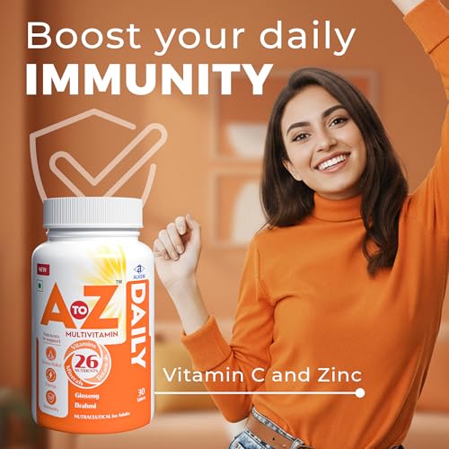 Image of A to Z Daily Multivitamin for Men & Women | 26 Essentials Vitamins & Minerals with Ashwagandha, Brahmi, Ginseng & L-Theanine | Energy, Immunity & Stress Support | 30 Veg Tablets