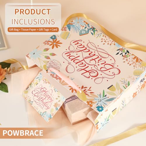 Image of Powbrace 13 inch White Happy Birthday Gift Bag with Tissue Paper and Greeting Card for Patry, Happy Birthday Gift Bag for Men Women,Gift Bags Medium size(1 PCS Flower Gifts Bag)
