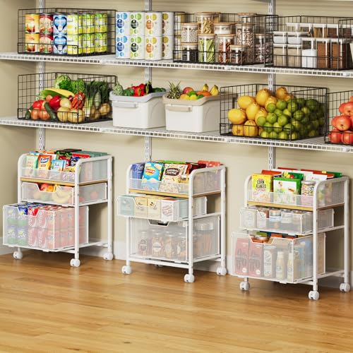 Image of Yociyoga 3 Tier Rolling Cart with Drawers,Pantry Storage Cart with Wheels,Under Desk Storage Cart for Small Space,Pantry Floor Organizers and Storage,Metal Load-Bearing Utility Craft Cart,White