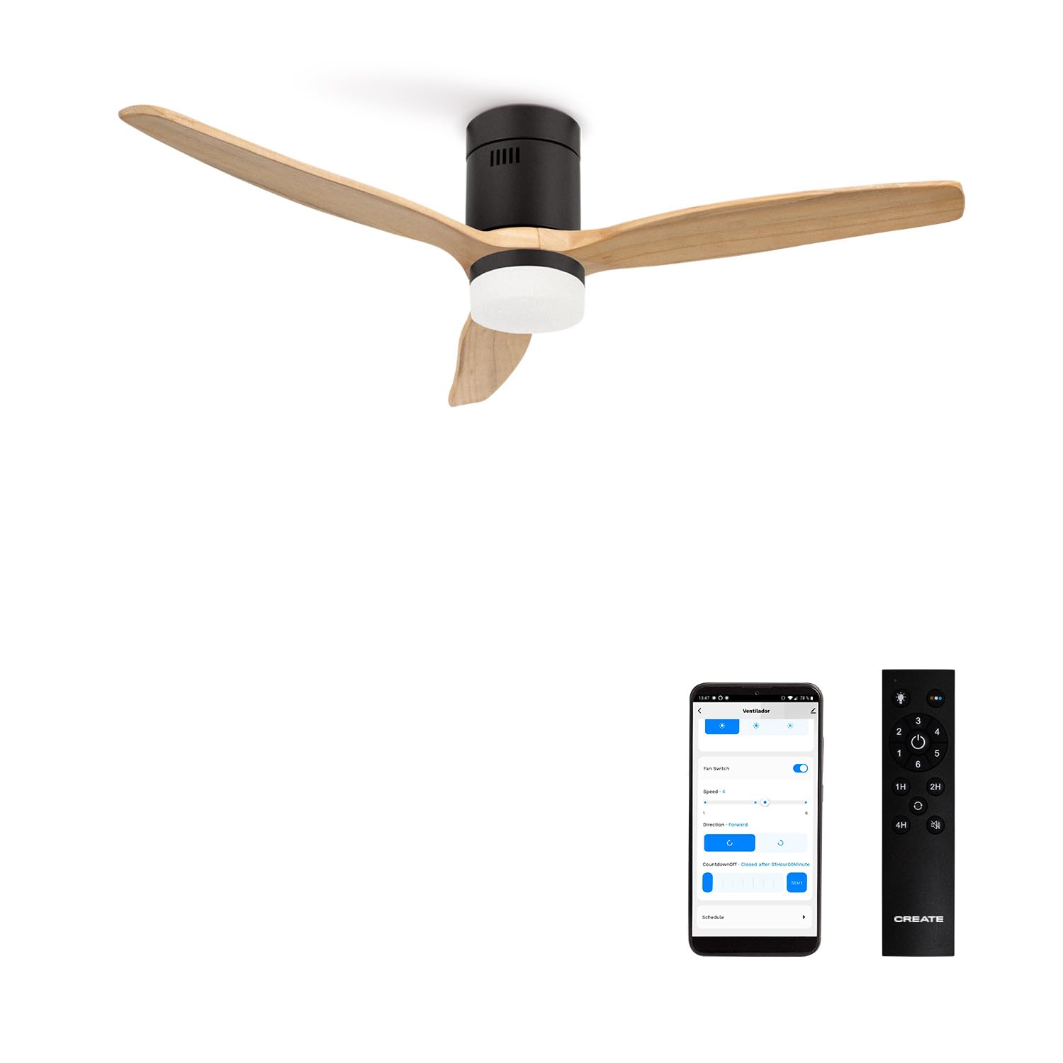 CREATE / WINDCALM NATURAL WOOD M/Ventilador de techo con luz negro aspas madera clara con Wifi y mando / 40W, Temporizador,Ø132 cm, 6 velocidades, 3 temperaturas de luz, función verano-invierno