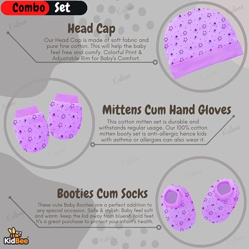 Image of Kidbee Baby Cotton Booties Mittens and Caps Combo for New Born Babies (0-6 Months)