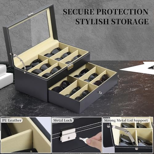 Image of AUTOARK Leather 12 Piece Sunglass Storage Display Case,Black,AW-023 | Eyeglasses Organizer,Drawer Style,Lockable,Glass Top