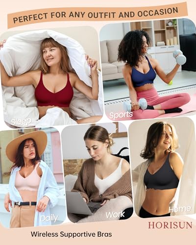 Image of HORISUN Wireless T Shirt Bra Seamless Push Up Bralette Full Coverage V Neck Comfortable Bras for Women
