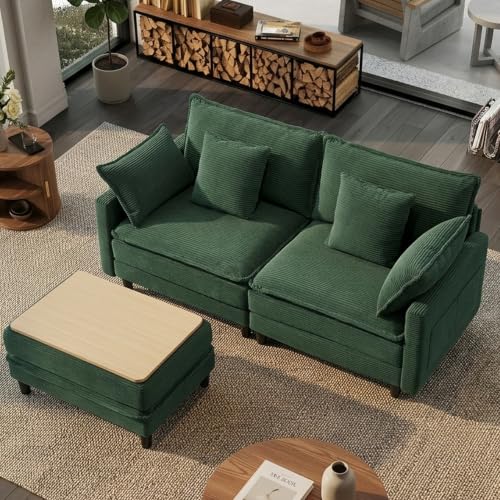 Image of 73.5 inch L-Shaped Cloud Sofa, Modular Sectional Couch with Ottoman Coffee Table, Corduroy Deep Seat Loveseat with Pillow, Comfy Modern Couch for Living Room Bedroom Apartment, Green