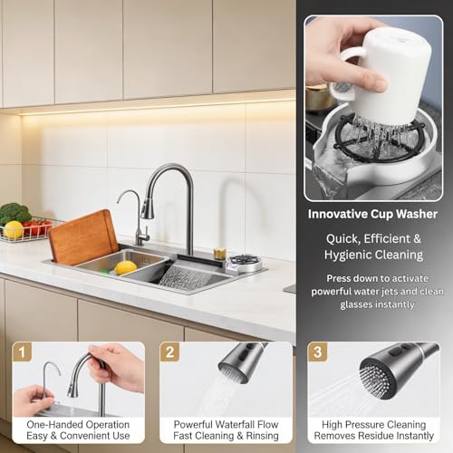Image of Wallace 304 Grade Silver Single Bowl Multifunction Kitchen Sink 24 x 18 x 10 Inch | Stainless Steel Workstation Sink with Integrated Waterfall Cup Washer Drain Basket RO Tap & Pull Down Faucet