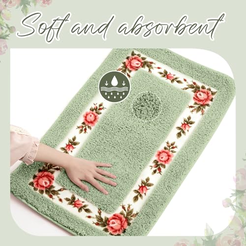 Drydiet 2 Pcs Rose Flowers Bathroom Rugs Set Coquette Room Decor Floral Rugs for Bathroom Bedroom Living Room,Non Skid Absorbent Romantic Rose Flower Area Rugs 2 Shapes(Green,Small) by Drydiet - Image 4