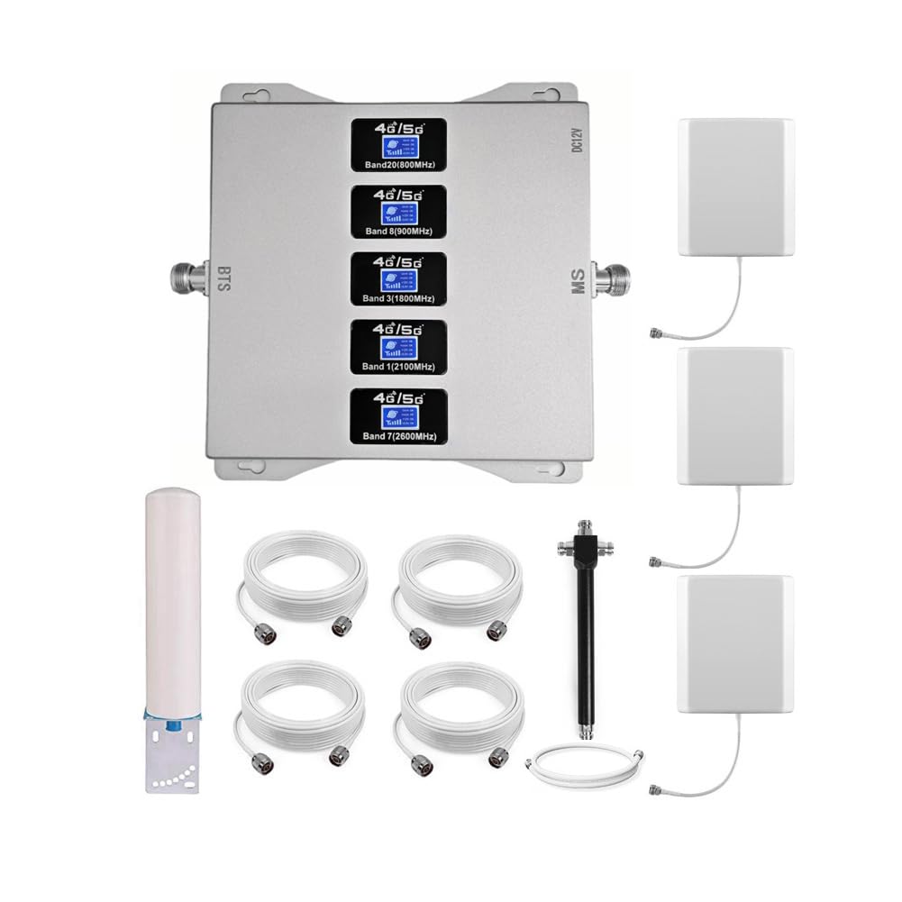 Ripetitore 4G 5G Ripetitore Segnale Cellulare, 5 Bande 800/900/1800/2100/2600MHz, Tre Antenne Interni