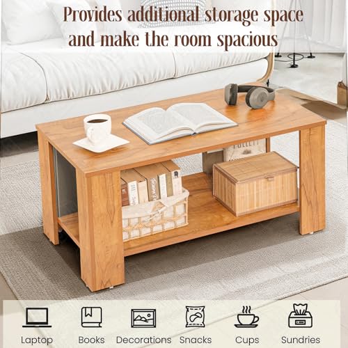 Image of ABOUT SPACE Coffee Table - Portable Wooden Centre Table with Storage, Open Rack & Corner Baffles - Furniture - Sofa /Tea /Teapoy for Living Room, Home, Office (Teak - L 90 x B 55 x H 45 cm)