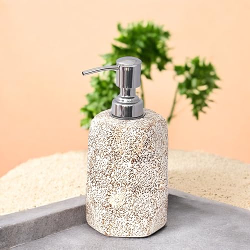 Image of Ceramic Soap Dispenser 330ml (Set of 1) | Multipurpose Lotion, Hand Wash & Liquid Soap Pump Bottle for Bathroom & Kitchen | White Brown Dotted Hexagon Design