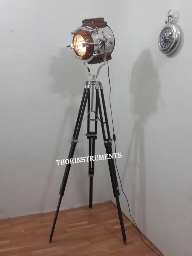 THOR INSTRUMENTS (with device) Chrome Designer Industrial Hollywood Nautical Wooden Spot Light Searchlight Studio Floor Lamp Tripod Stand