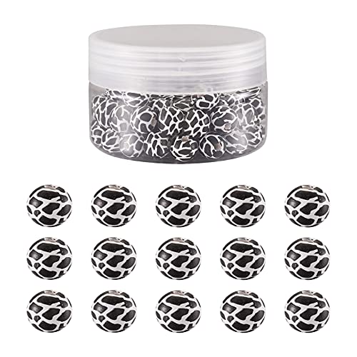 Craftdady 80pcs Natural Wooden Beads 10mm Round with Cow Partten Printed White Black for Jewellery Bracelet Necklace Charms Making