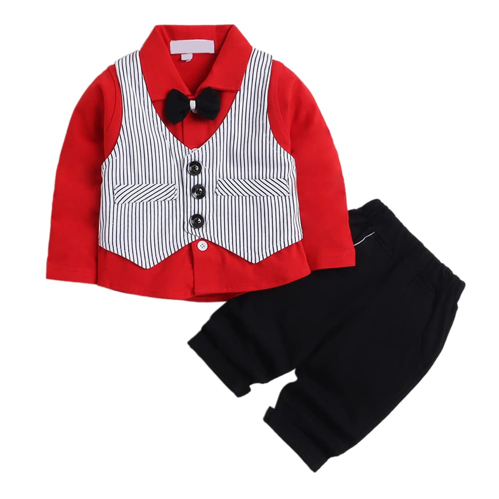 HopscotchBoys Cotton Stripe Print Slim Fit Shirt Pants Set With Waistcoat In Red Color For Ages 12-18 Months (Hsp-3691346)