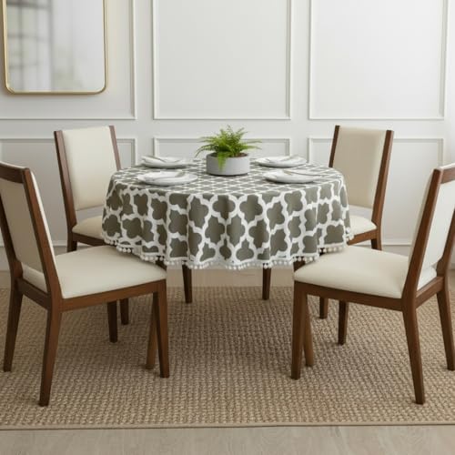 Image of HOMEMONDE Cotton Premium Dining Round Table Cover with White Border Pom-Pom, 45 x 45 Inches Geometric Printed Table Cloth 4 Seater, Round Table Cover - (114x114 CM, Grey)