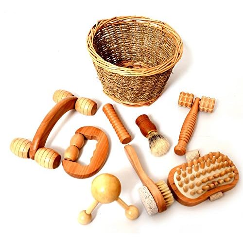 Juego de masaje sensorial de madera de abedul suave, rodillos y formas, terapia de cepillado sensorial, presentado en cesta de mimbre de sauce, de 8 piezas