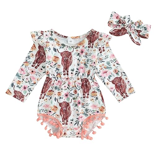 Image of AEEMCEM Western Baby Girl Clothes Cow Print Ruffle Long Sleeve Romper Pompom Tassel Bodysuit with Headband Cowgirl Outfit 