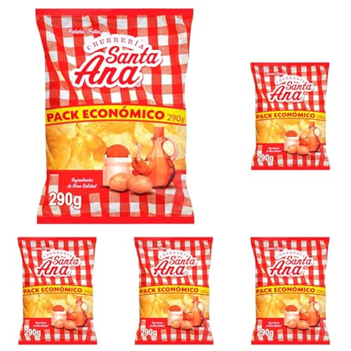 Santa Ana, Patatas fritas con sal estilo churrería, Producto de Aperitivo, Snack en bolsa familiar de 280gr (Paquete de 5)