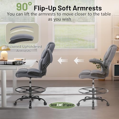 Image of 500LBS Drafting Chair, High Back Safer Standing Desk Chair, Executive Tall Office Chair with Flip-up Armrests, Upholstered PU Leather Task Chair, Ergonomic Seat with Adjustable Height&Foot Ring, Grey