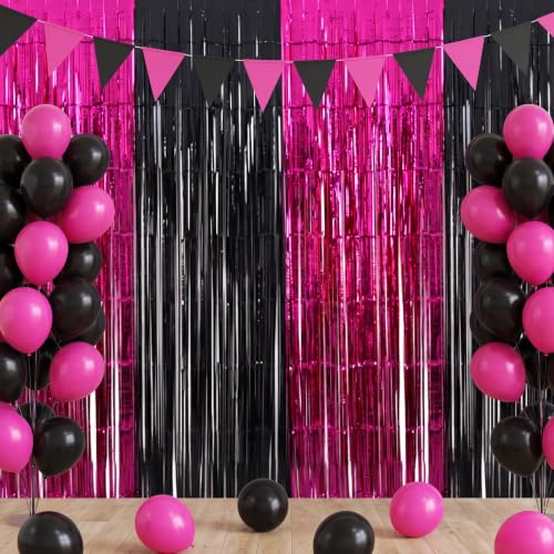 Image of TONIFUL 2Pcs Black Hot Pink Metallic Tinsel Foil Fringe Curtains Streamers | 3.3ftx6.6ft Photo Booth Backdrop Door Streamer for Bachelorette 16th 21st Birthday Girls Night Out Music Themed Party Decor
