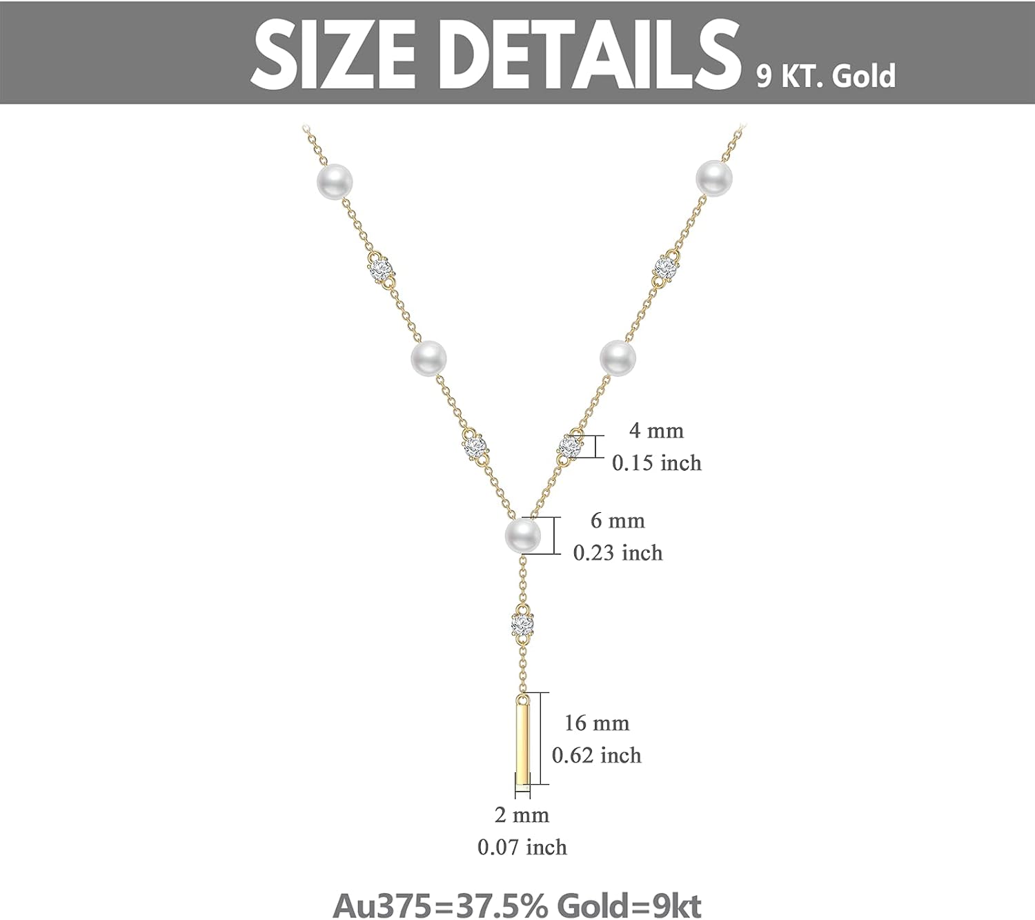 SISGEM 9 ct Gold Pearl Necklace, Solid Yellow Gold Pearl Lariat Necklace with Bar Pendant, for Women Girls Ladies Mum Sisters 16"+1"+1" - Image 3