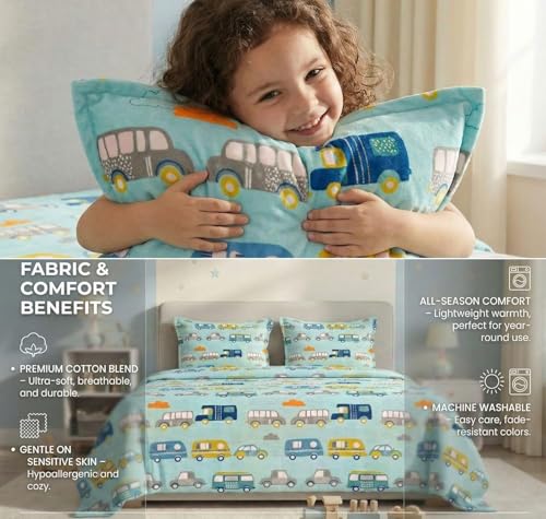 Image of RD FABS Glace Cotton Wrinkle Free Soft Hypoallergenic Double Bed King Size Bedsheet with 2 Pillow Covers, Cartoon Printed for Kids Room Boys Girls, 90x95 Inches, Sky Blue, Car Bus Design, 144 TC