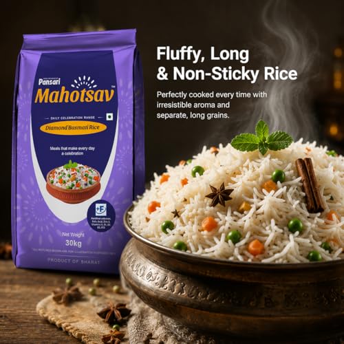 Image of Mahotsav Diamond Basmati Rice by Pansari 30 Kg- Whole Grain, Gluten-Free, Nutty Flavor - Perfect for Biryani, Pulao, Khichdi & Daily Meals