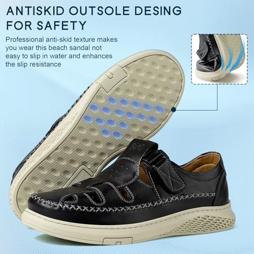 MAIZUN Men's Leather Sandals Outdoor Casual Closed Toe Sport Sandals Summer Fisherman Beach Shoes with Adjustable for Athletic Hiking Walking4