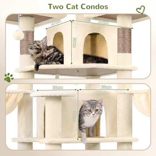Image of Globlazer Big XL Cat Tower for Indoor Multiple Cats, F68B, Beige | 68 inch Cat Tower for Adult Cats Cat Tree with Scratching Post, 3 Perches, 2 Condos, 2 Basket, Removable Pet Bed