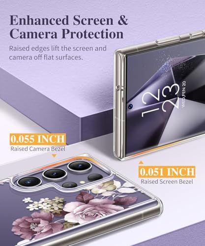 Image of Elzzi Clear Transparent Flower Cover For Samsung S25 Ultra 5g Case Shockproof Case Floral Design Camera Protection Shockproof PC+TPU Transparent Flower Cover For Girls & Women 2024 6.9 inch (Deep Purple)