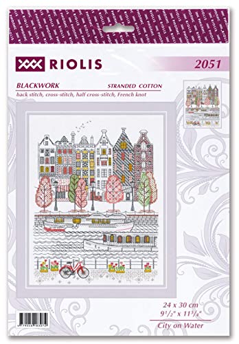 Image of RIOLIS - City on Water 2051, Blackwork Stitch Kits 9 inch x 11 inch, Blackwork Stitch Kits for Beginners & Advanced, Blackwork Kits Adult, Embroidery Kit