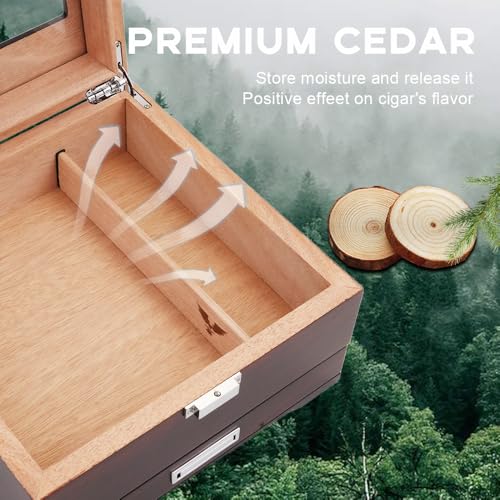 Bald Eagle Cigar Humidor, Handmade Box with Humidifier Hygrometer, Cedar Wood Glass Top Case with Accessories Drawer, Hold 30-35 Cigars - Image 9