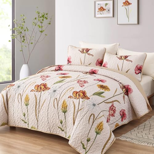 Edredón floral King de WONGS BEDDING, juego beige de 3 piezas de microfibra ligera para todo el año 3