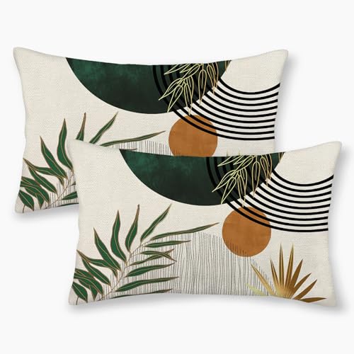 Yxuiyal Boho Pillow Covers 12X20 Set Of 2 Green Gold Throw Pillow Covers Outdoor Decorations Mid Century Bohemian Style Tropical Leaves Pillowcase Farmhouse Decorative Lumbar Cushion Case cover