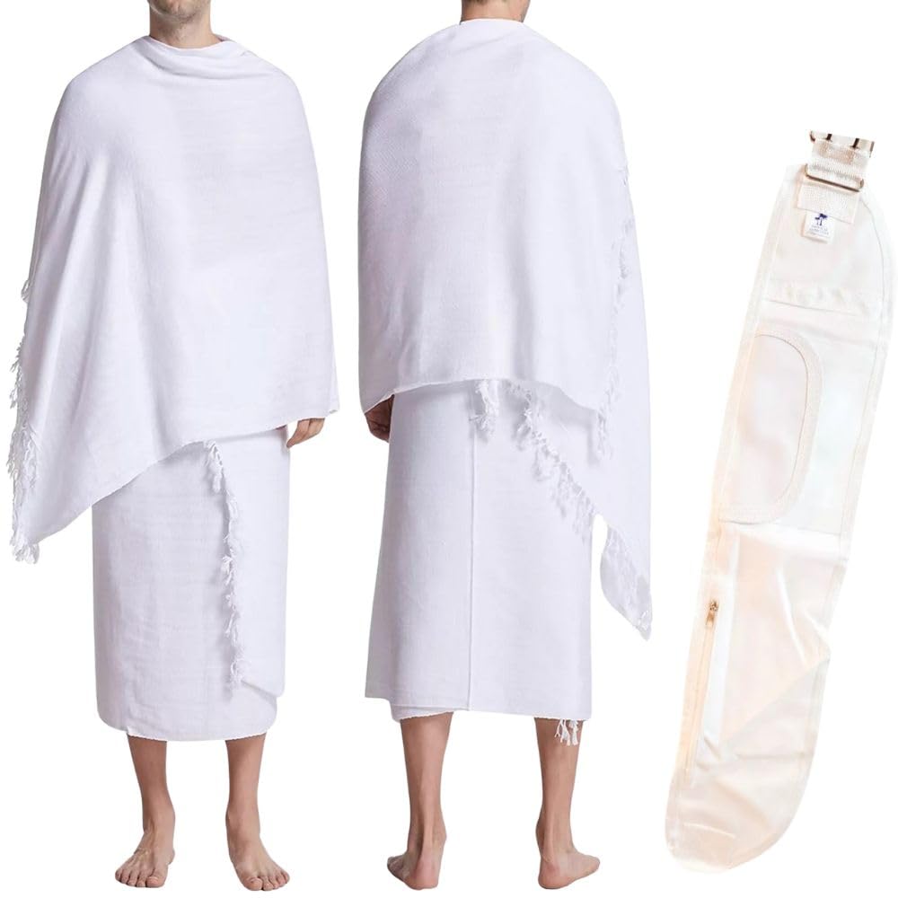 Towel Mens Ihram Ehram Umrah/Hajj - White 2Pcs Full Size Combed Cotton Ehram With Free Belt - Pilgrimage Muslims Essentials