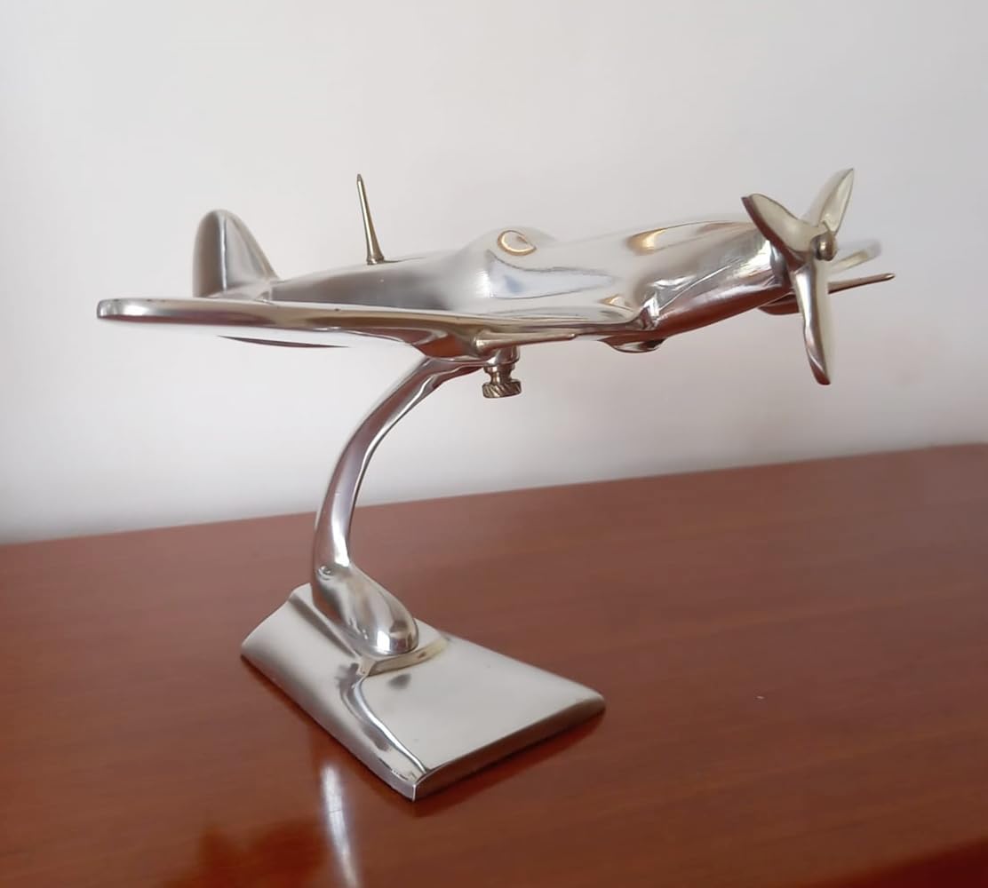 Spitfire Aeroplane Ornament Aluminium Plane Sculpture - 25cm Wingspan - WW2 Model - Silver