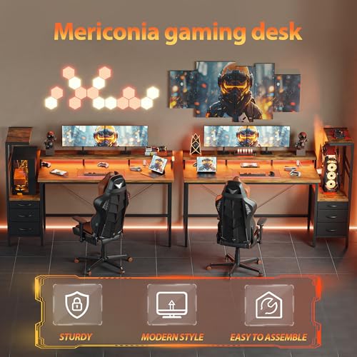 Image of Mericonia 68 inch Gaming Desk with Drawers, Reversible Computer Desk, Brown