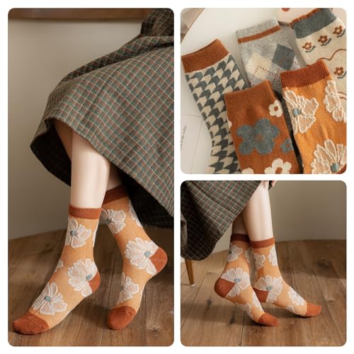 Image of Wool Socks for Women Thick Knit Vintage Cute Floral Crew Socks | Soft and Breathable, Cute Floral Design