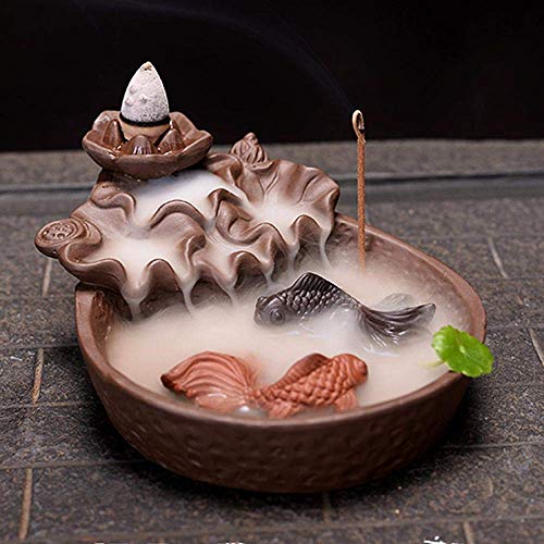 Ceramic Backflow Incense Burner Waterfall Fountain Incense Burner Incense Cone Holder Lotus Pond Incense Holder With 10 Pcs Incense Cones(Brown) (Fish) #TOP4