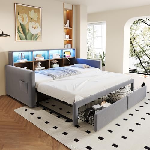 Merax Cama Convertible 90/180 x 190 cm, Sofá Cama Extensible con Cama Nido, Cabecero de Cama con Almacenamiento, LED y Enchufes USB Tipo C, 2 Cajones, Somier de Latones, Terciopelo, Gris Claro (sin