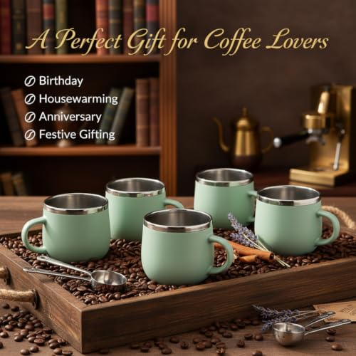 Image of Premium Stainless Steel Cappuccino Cups Set of 6 | 100ml Double Wall Insulated Coffee Mugs | Reusable Espresso & Cappuccino Cups | Stylish Gift Set for Home & Office (Green)